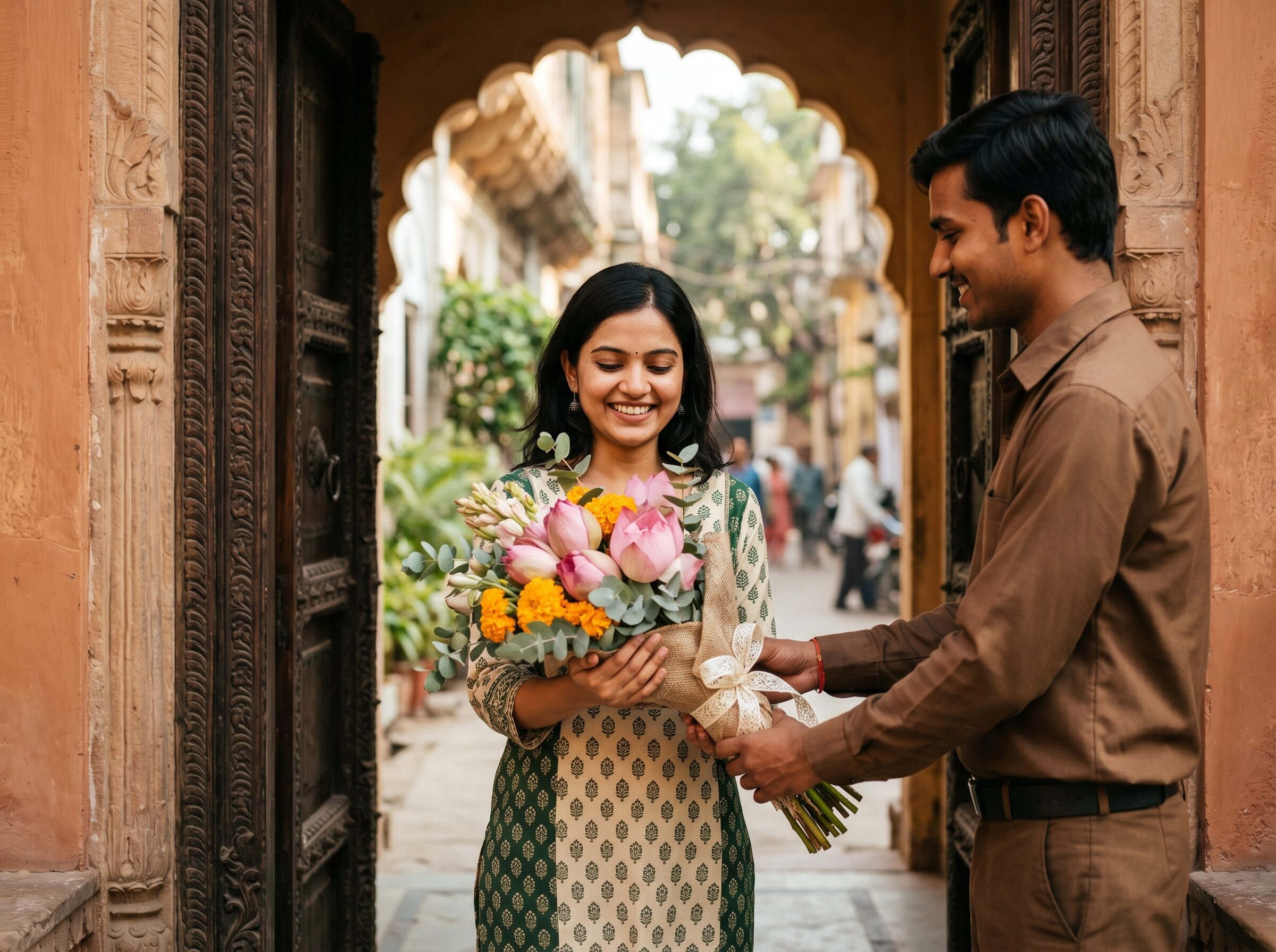 MagadhFlorist courier delivering a hand-tied bouquet at a Patna doorstep